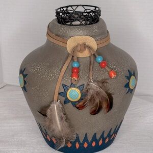 candle holder Southwestern Native American Pottery Hand Painted Brown Turquoise